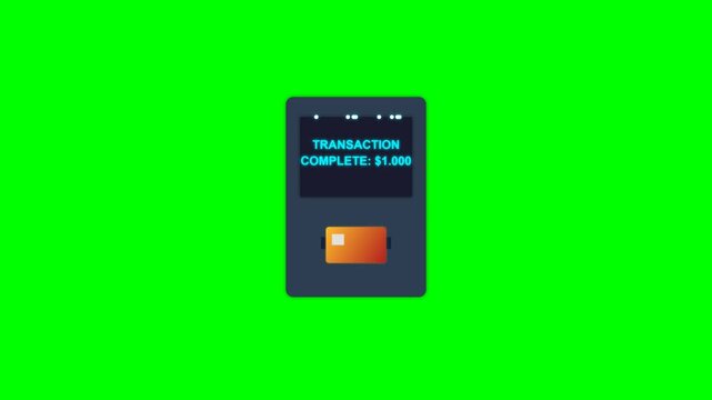 Digital payment transaction animation on green screen showing a credit card inserted into a POS terminal with a complete message.
