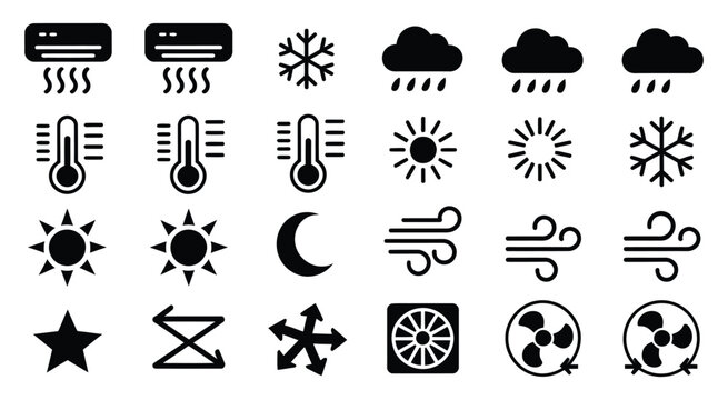 Weather and climate control icon set, vector illustration featuring air conditioning, wind, sun, and rain symbols, meteorology, temperature regulation
