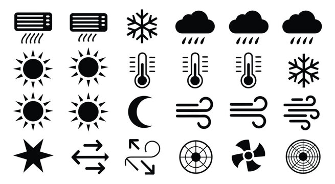 Weather and climate control icon set, vector illustration featuring air conditioning, wind, sun, and rain symbols, meteorology, temperature regulation