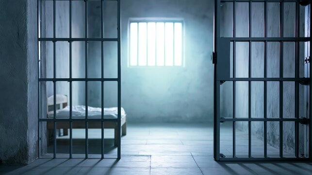 Prison cell with open door, light from barred window creating shadows on the empty bed and stark walls