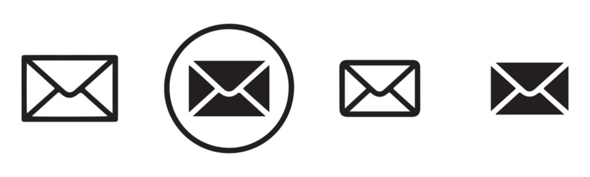 Group of black mail envelope icons with circle frames and solid styles for minimalist web layouts.