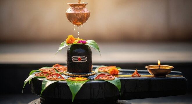 Shivling with Continuous Water Abhishek and Oil Lamps in Temple Ritual Scene