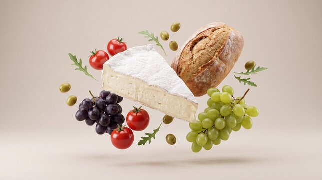 A creative studio composition of flying food ingredients, featuring brie cheese, crusty bread, grapes, cherry tomatoes, and olives on a beige background.