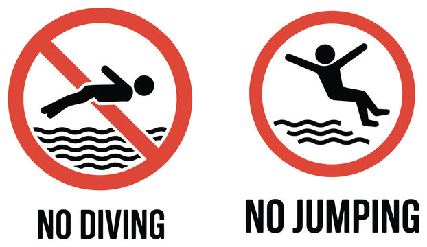 no diving and no jumping safety warning sign, restricted swimming pool hazard symbol, prohibition icon for water safety regulation, editable vector illustration, clean warning signage for public pools