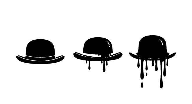 Minimal black silhouette icon, simple flat vector, bold black shape, no, no shading set of three black bowler hats with varying degrees of melting effect on a, flat icon style
