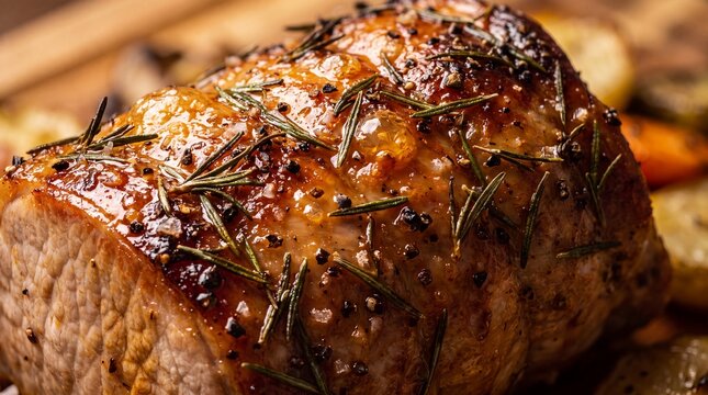 A succulent, oven-roasted pork loin seasoned with fresh rosemary, black pepper, and coarse sea salt, sitting on a rustic wooden cutting board.