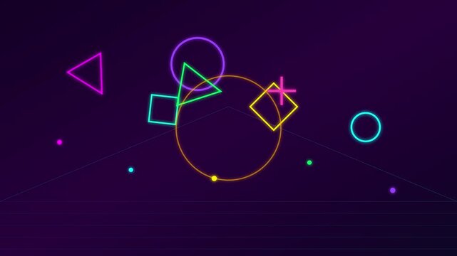 Geometric shapes including triangles and squares create a vibrant neon pattern on a dark background.