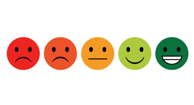 Customer satisfaction rating scale with emotional face icons, indicating happiness, neutrality, and dissatisfaction, perfect for feedback surveys and user experience assessment