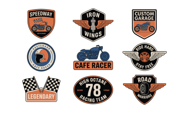 Vintage motorcycle badges emblems set for retro racing club branding and biker clothing vector