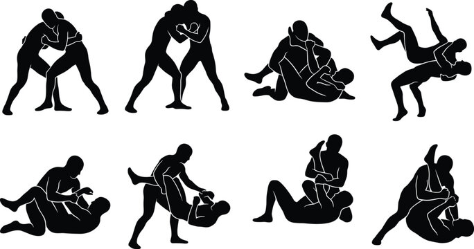 Wrestling and martial arts grappling silhouette icons set featuring fighters in submission combat positions