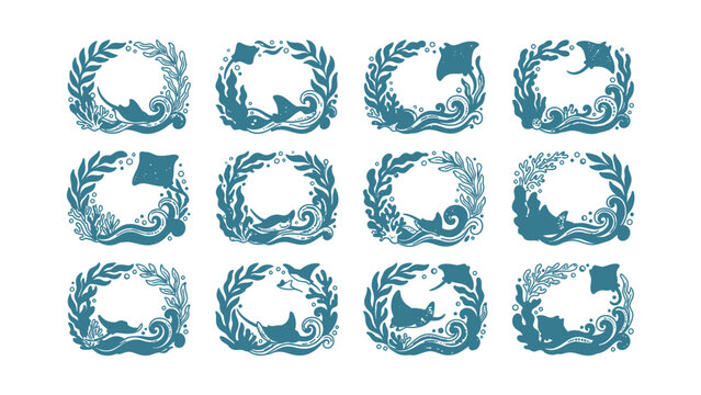Oceanic Frames with Manta Rays and Seaweed Underwater Scene Vector Graphics