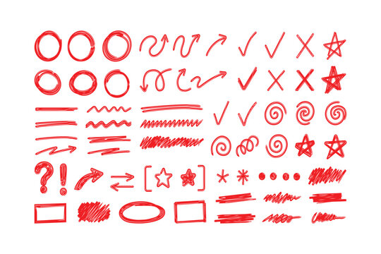 Hand drawn red correction marks and grunge annotation doodle vector set