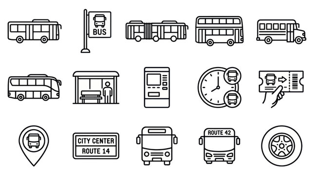 Public transportation and bus service line icons set