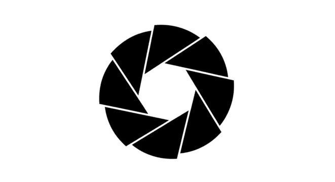 Minimal black silhouette icon, simple flat vector, bold black shape, no, no shading camera aperture shutter icon on a, flat icon style