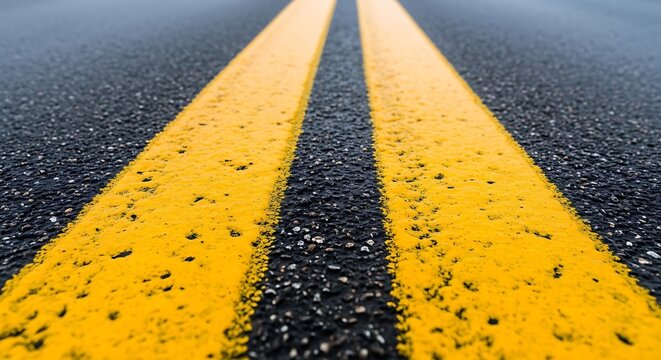 Yellow double lines on asphalt road.