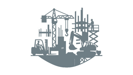 Obraz premium Construction Industry Silhouette Scene with Cranes Excavator Forklift and Workers