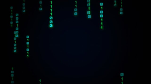 Falling digital binary code with neon green glow on dark background