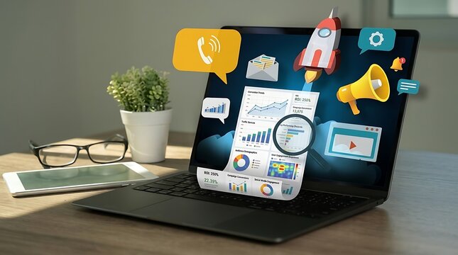 Digital Transformation Concept Featuring Online Marketing Analytics Dashboard and Business Workflow Automation Technology Platform