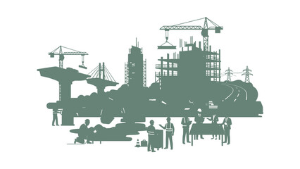 Obraz premium Construction Site Silhouette with Cranes, Buildings, and Engineers Planning Project