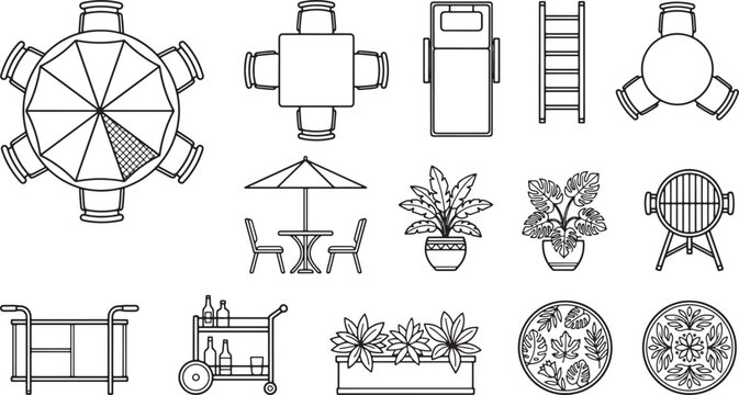 Outdoor furniture and patio decor icons set in top view line art style for architectural design plans
