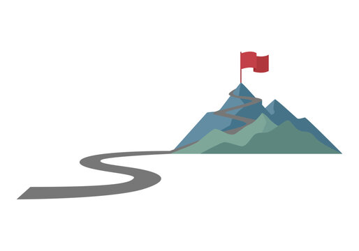 Camino hacia la cima de la monta&ntilde;a con bandera roja