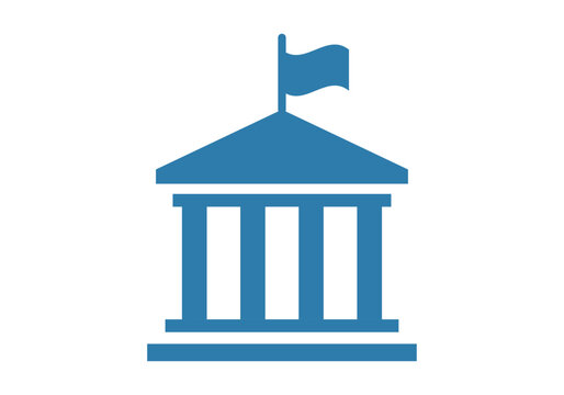 Icono azul de edificio de gobierno con columnas y bandera