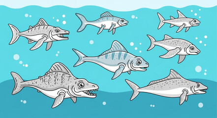 Illustration of Various Fish Species in Water © ss