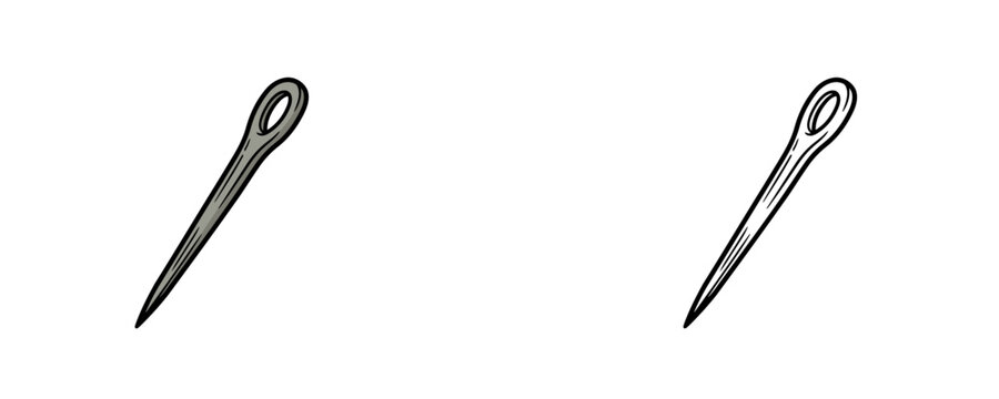 Cartoon sewing needle illustrations in flat color and black line styles representing a tailoring instrument on a white background
