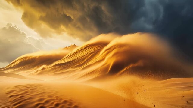 Powerful desert dust storm rising over dry landscape with swirling sand and dark dramatic sky creating intense natural disaster scene for climate crisis arid wilderness and environmental danger themes