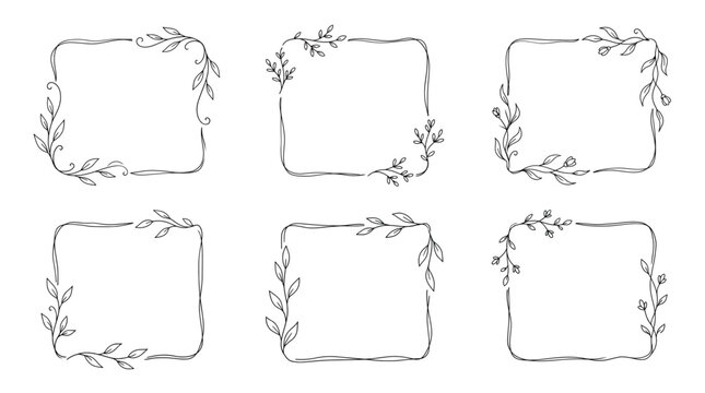 Set of six empty floral square frames with leafy borders for text