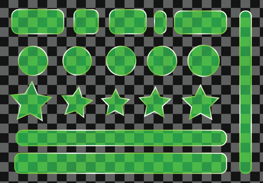 Green Glossy Glass Web UI Elements Set with Buttons, Stars, and Progress Bars for Game and App Interface Design