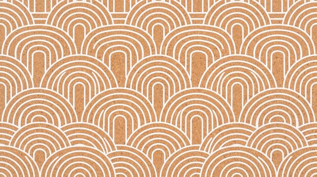 Seamless pattern with simple brown arches and small colorful dots on a soft beige background