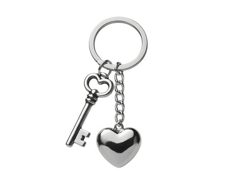 Silver heart and key charm on a split ring with chain isolated on transparent background