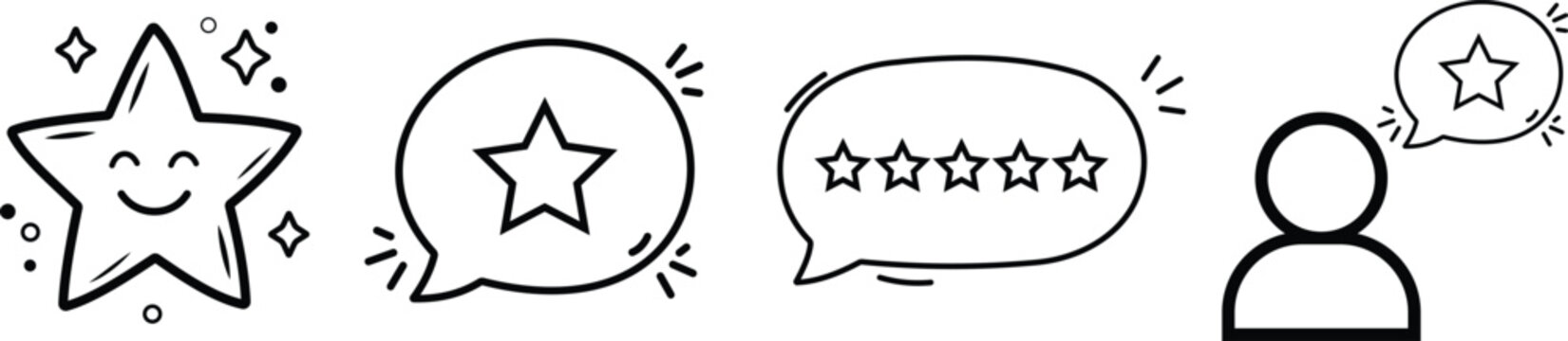 Doodle customer feedback and review icon set in hand drawn outline style vector collection featuring user discussion, rating, testimonial and impression symbols isolated on transparent background