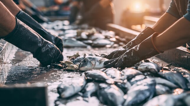 Workers' hands in gloves sorting fresh fish on wet industrial surface for seafood processing