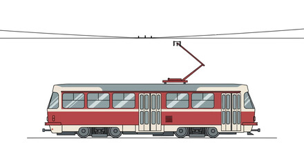 Red and White Tram Car with Pantograph on White Background. © suhadi