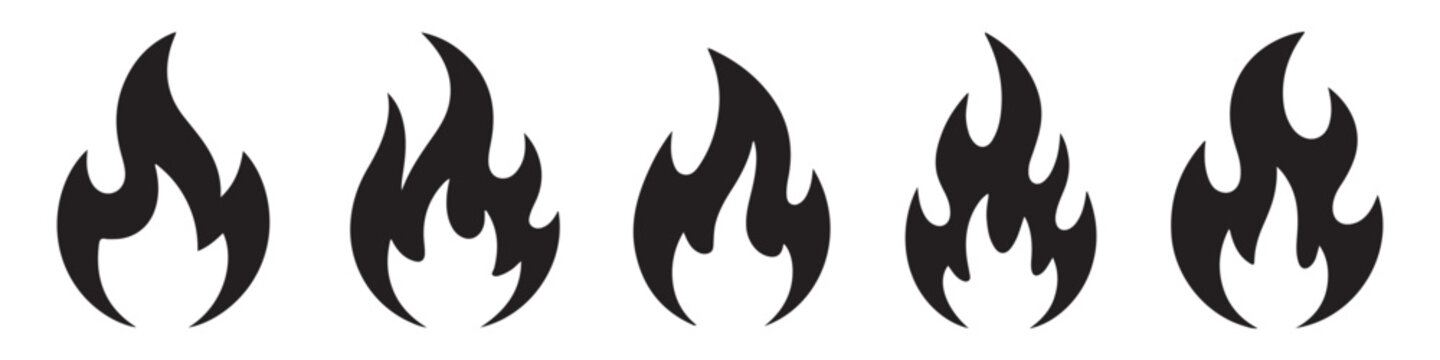 Vector black fire flame silhouette icons on transparent background burning bonfire symbols set large.