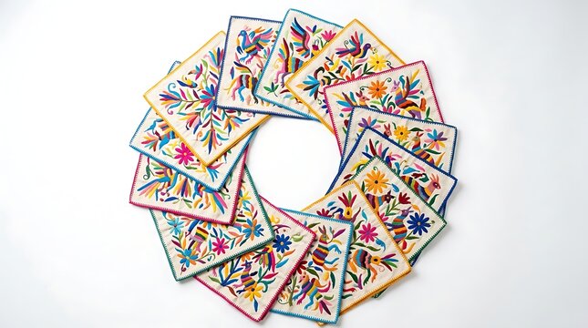 Colorful mexican hand embroidered otomi patches in a circle