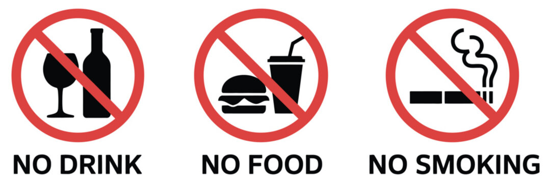 No eating drinking and smoking vector sign with prohibition symbol, safety warning, facility regulation, public restriction notice, and compliance graphic.