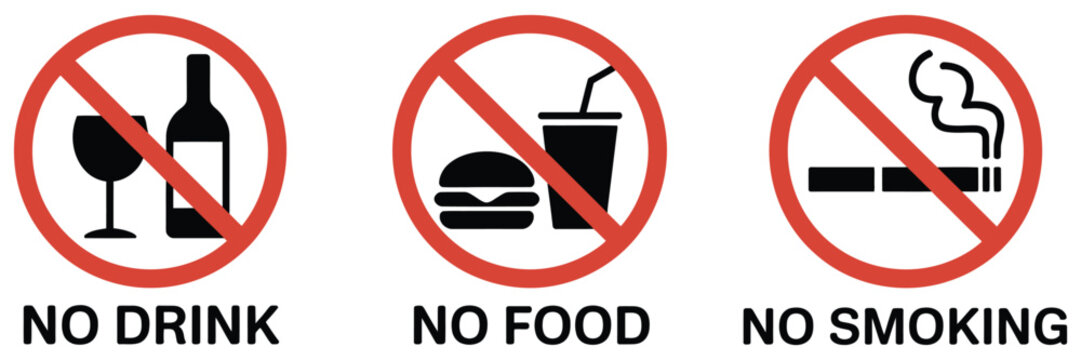 No eating drinking and smoking vector sign with prohibition symbol, safety warning, facility regulation, public restriction notice, and compliance graphic.