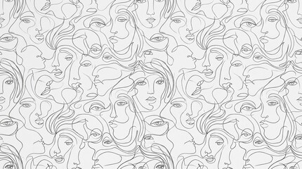 Fototapeta premium Abstract seamless pattern with many overlapping human faces drawn in a simple line art style