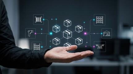 Obraz premium Businessman presenting holographic supply chain network with package icons, digital logistics, smart modern technology business concept