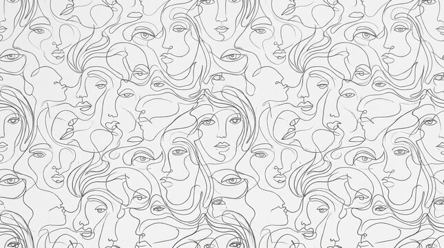 Abstract seamless pattern with many overlapping human faces drawn in a simple line art style