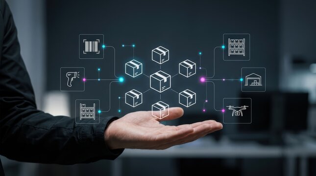 Businessman presenting holographic supply chain network with package icons, digital logistics, smart modern technology business concept