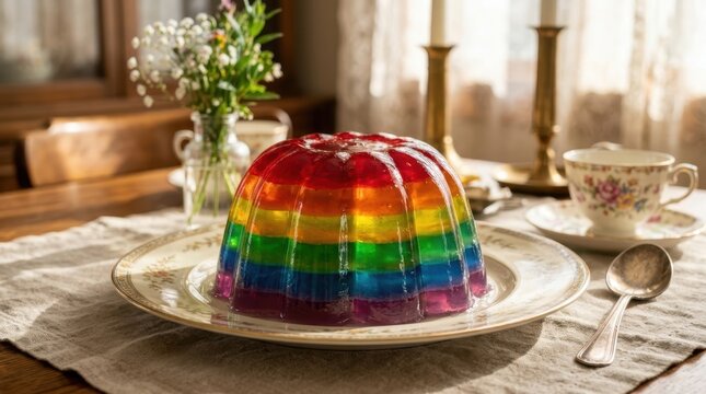Vibrant rainbow layered gelatin dessert served on a decorative plate with tea set