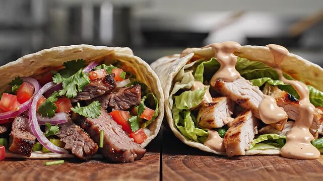 Two flour tortilla wraps filled with grilled meat strips, sliced tomatoes, red onions, and fresh green lettuce, displayed side-by-side on a dark surface in a studio close-up view.