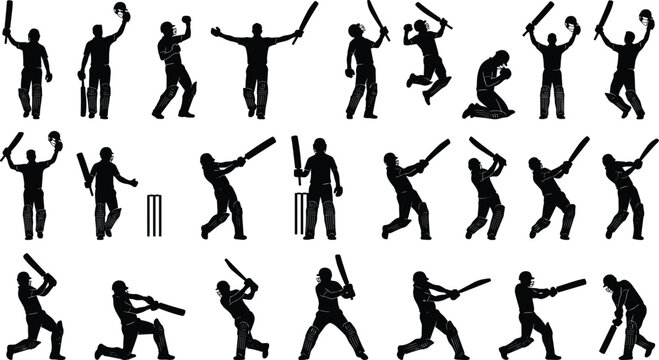 Cricket player silhouette vector set featuring batsman hitting shots, bowler running, wicketkeeper catching, and sportsman celebrating victory positions