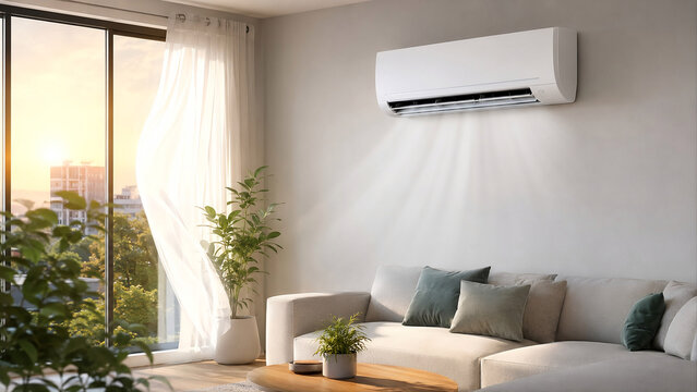 Modern Living Room Cooled by Wall Mounted Air Conditioner During Summer Heatwave