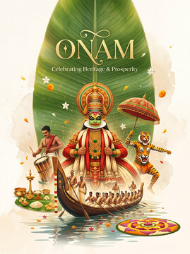 Vibrant onam festival celebration with traditional boat decorated idol dancers musicians floral arrangements and festive decorations in kerala