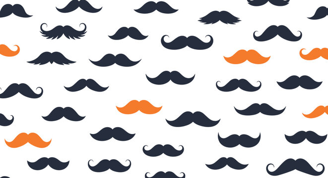 Playful pattern design featuring a variety of black and orange mustache styles on a clean solid white background.